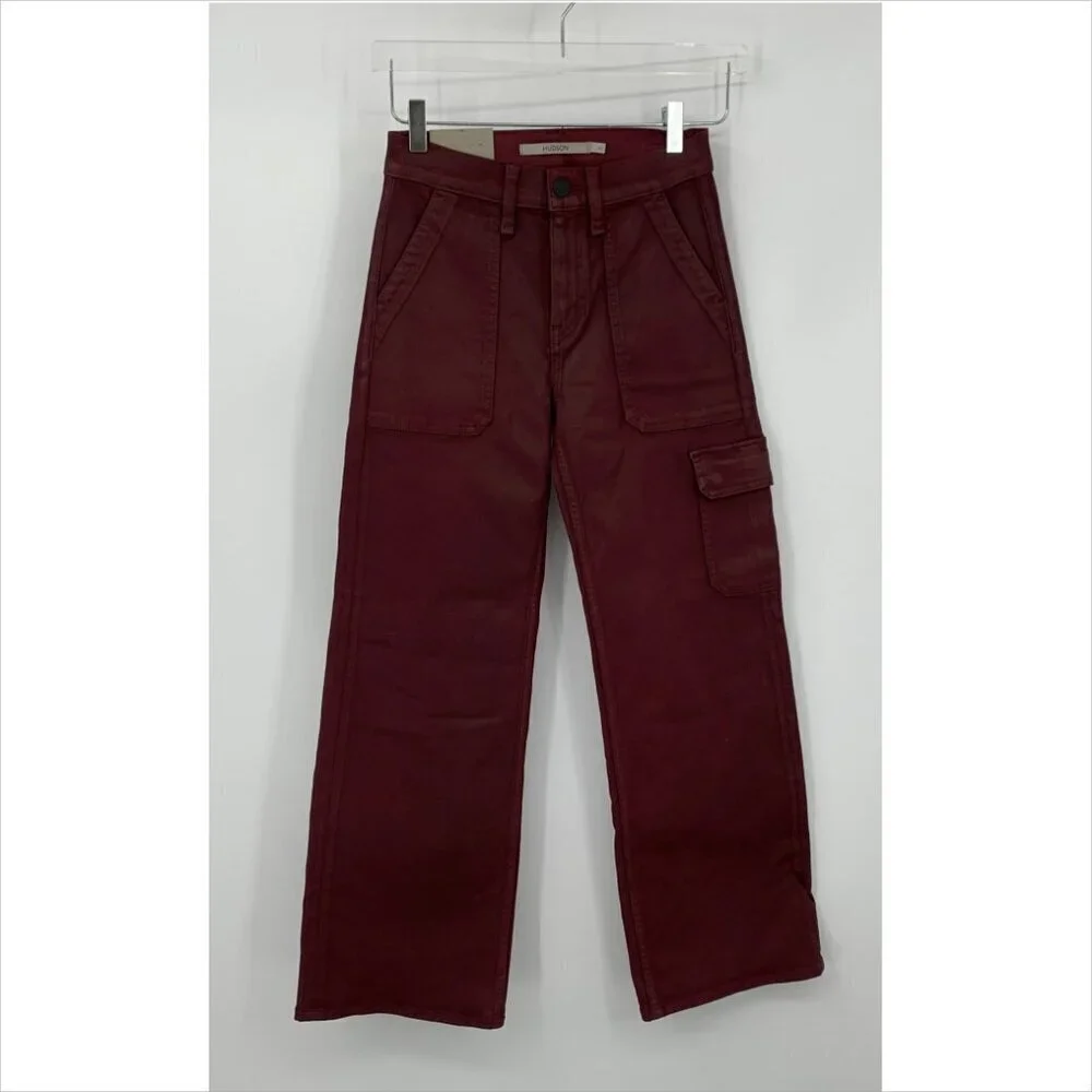 Hudson Rosie high waist cargo jeans coated denim Bordeaux wide leg wine new 24